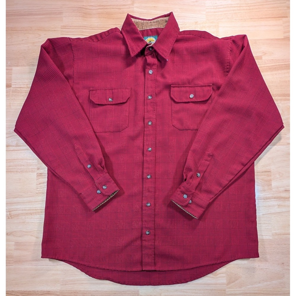 Cabelas Mens XL Tall Red Black Houndstooth Plaid Button Front Shirt Outdoor Gear
